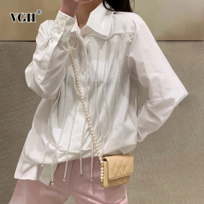 

VGH White Elegant Patchwork Pearl Women's Shirts Lapel Long Sleeve Korean Straight Solid Fashion Woman Blouses 2021 Autumn Style