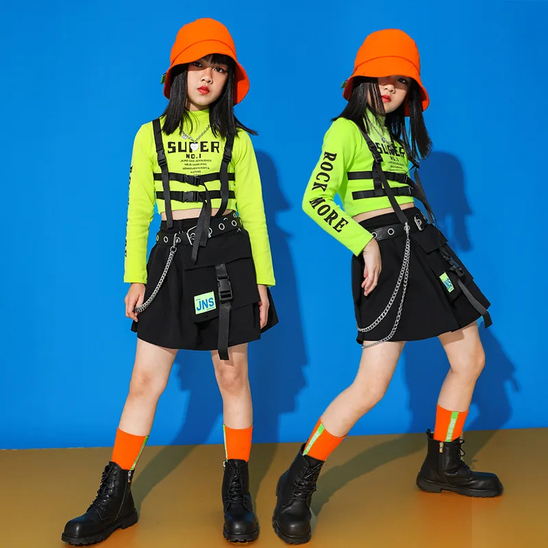 

Girls Hip Hop Sweatshirt Goth 2 Pcs Set Kids Mini Skirt Jazz Outfit Child Crop Top Street Dance Wear Clothes Costumes Streetwear