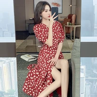 vintage floral skirt 2021 summer casual new deep v neck tight waist red chiffon short sleeved womens sexy mini dress for women