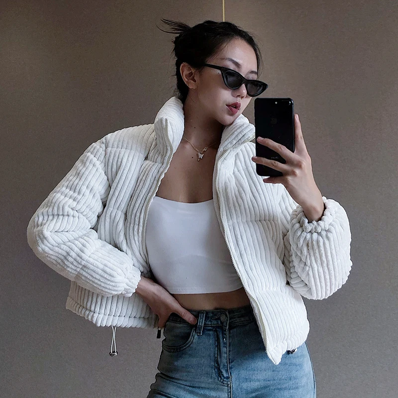 

Cotton-padded Coat Women's 2020 Winter Long Sleeve Stand Collar Zipper White Corduroy Short Bread Coats Thick Warm Parkas Jacket