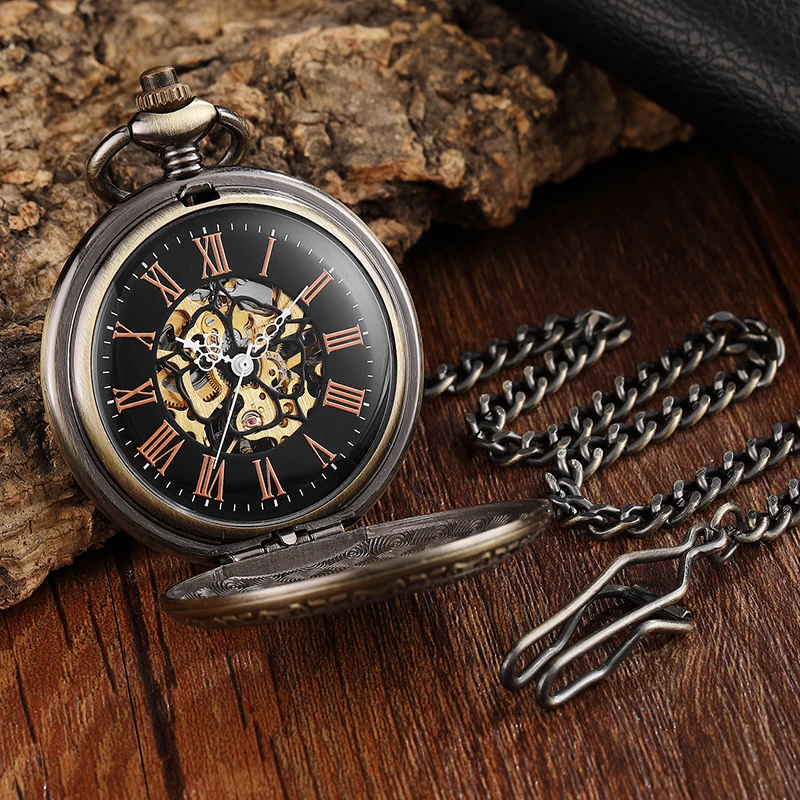 Roman Numeral Antique Mechanical Pocket Watch Skeleton Steampunk Vintage Eagle Engraved Case Dial Male Fob Chain Clock for Men