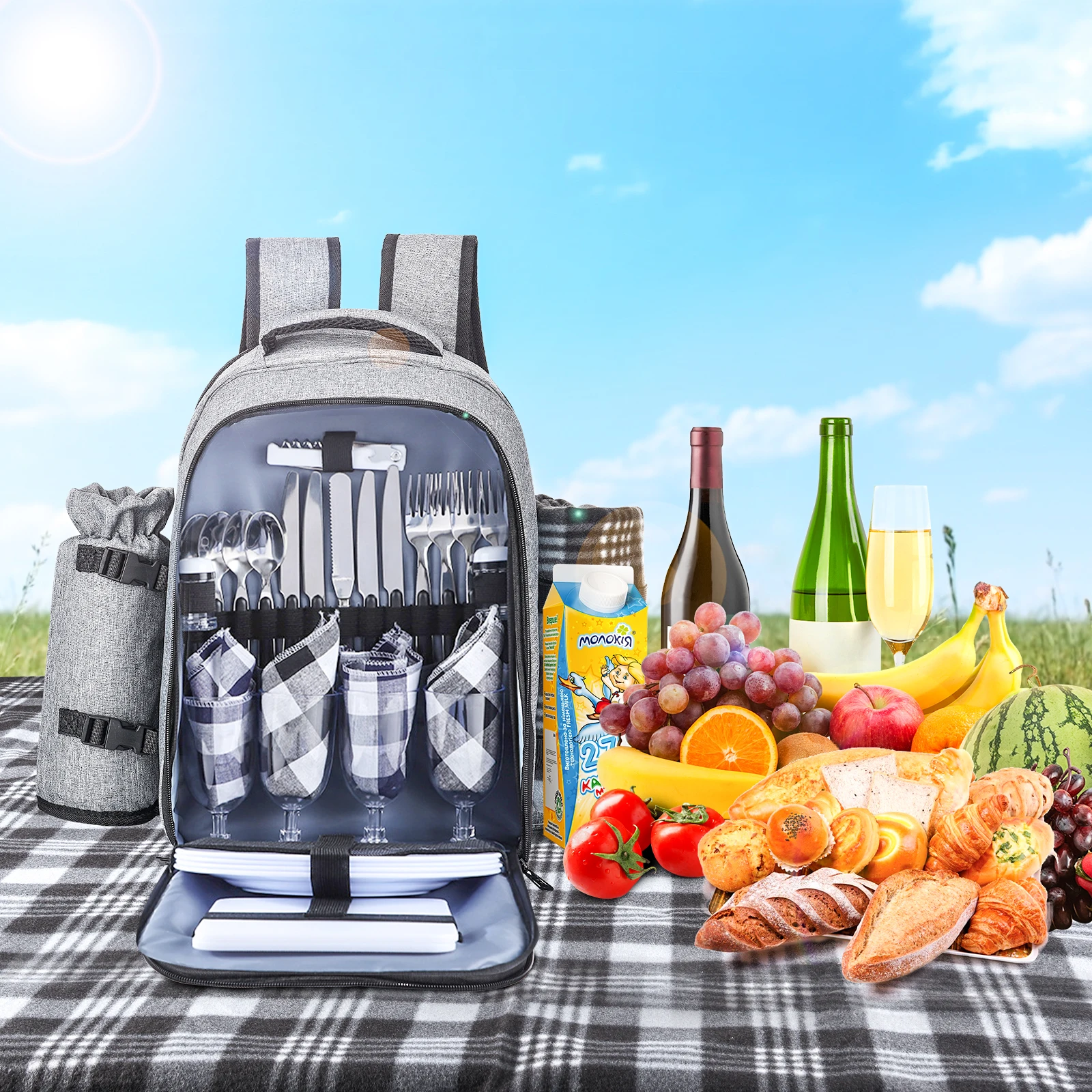 picnic backpack for 4 people grey picnic set including bottle holder and fleece blanket large cooler compartment waterproof free global shipping