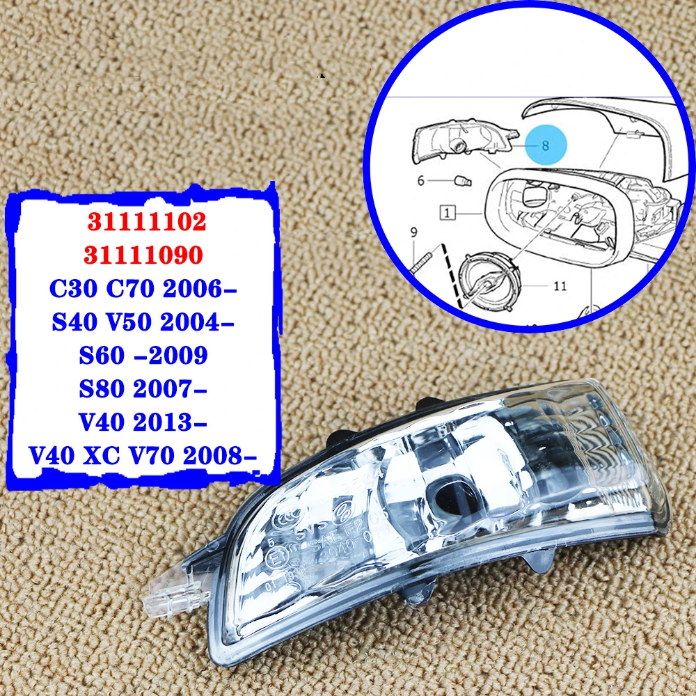 

For Volvo S40 S60 S80 C30 C70 V50 V70 Left&Right Side Wing Mirror Indicator Turn Signal Light Lamp Lens 31111102,31111090