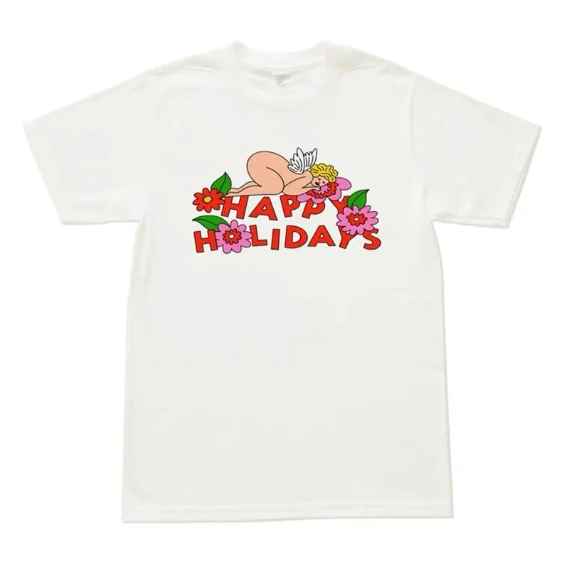 

VIP HJN Happy Holidays Cute Unisex Women Cool T Shirts Plus Size Loose Cotton Graphic Tees Short Sleeve Hipster Funny T Shirts