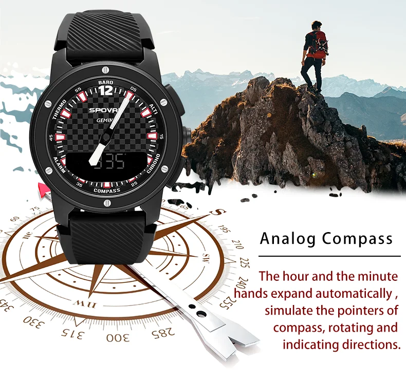 

Водонепроницаемый указатель цифровой двойной дисплей часы наручные для горного туризма, электронный компас, барометрические измерения те...