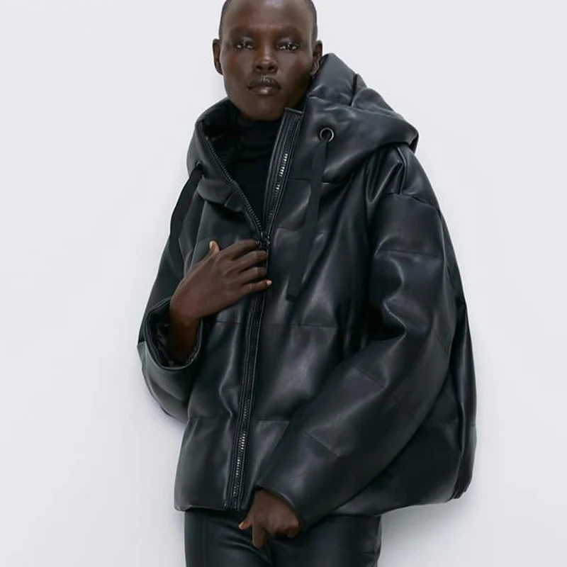 

2020 PU Leather Parkas Women Fashion Hooded Faux Leather Coats Women Elegant Zipper Cotton Jackets Female Ladies Clothing C20