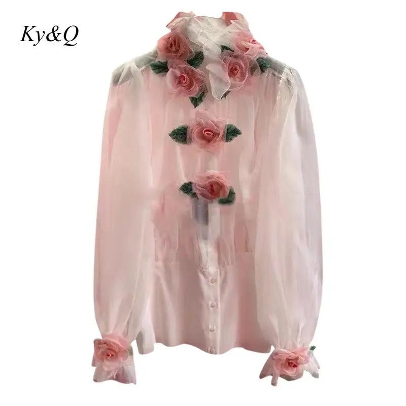 2020 Весенняя Роскошная шифоновая рубашка с высоким воротником и розовыми розами