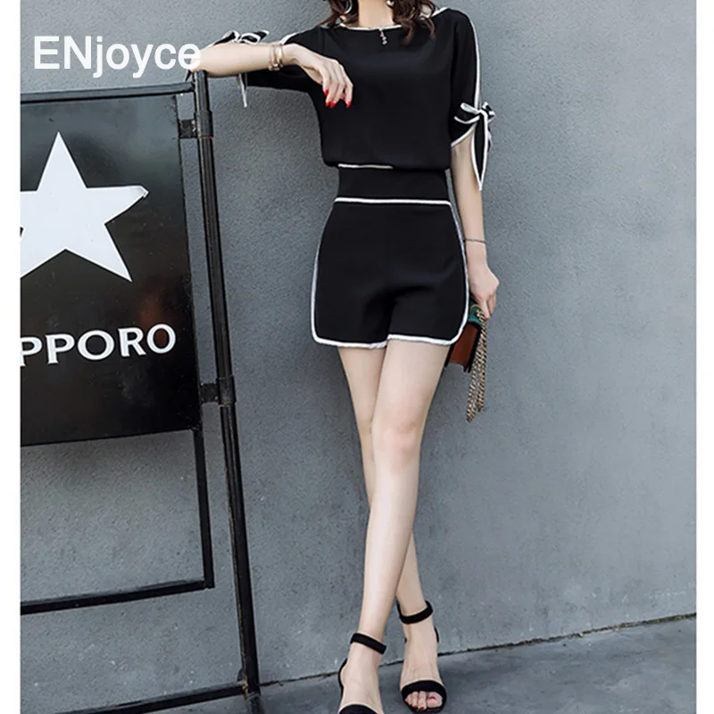 

Women High Waist 2 Piece Sets Sexy Off Shoulder Short Shirt Crop Top and Shorts Korean Slim Chic Chiffon Clothes Suits Set Lady