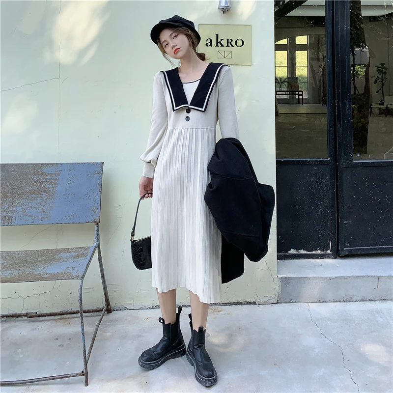 

Navy Collar Knitted Dress Women Autumn And Winter Loose New Fashion