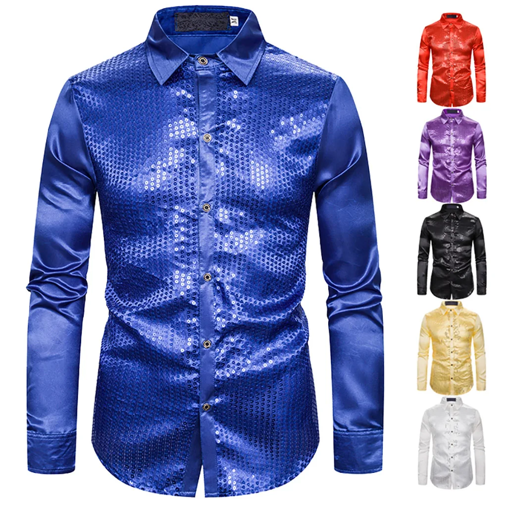 Вечерние рубашки из блестящего шелка для ночного клуба роскошное мужское платье