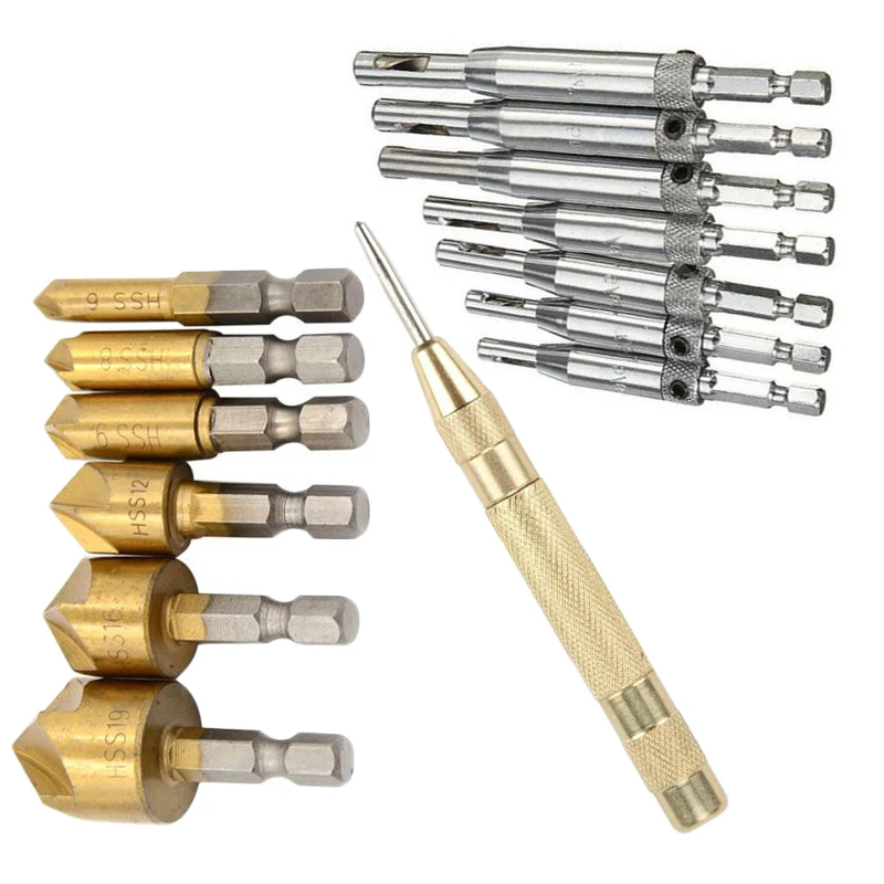 

14pcs Set Wood Plug Hole Cutter Center Punch Countersunk Hinge Drill Bits Dowel