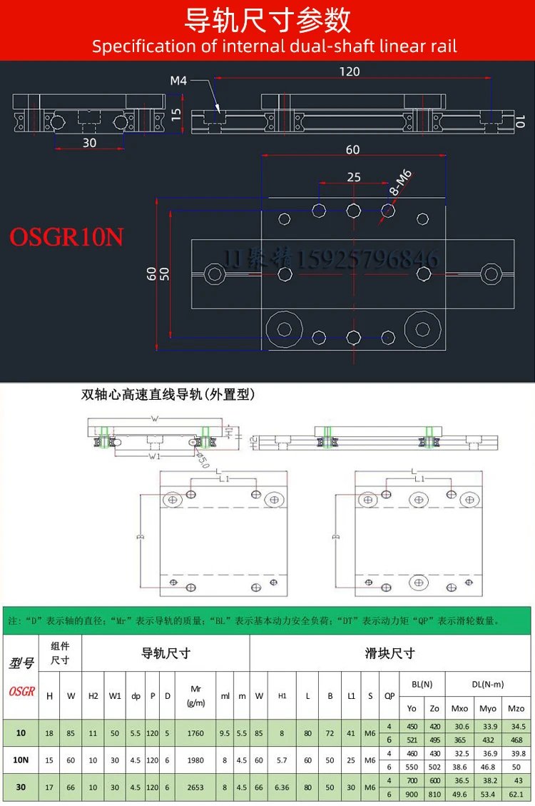 30mm width Aluminum roller linear guide rail OSGR10N L=300/350mm Dual axis linear guide with OSGB10N slide block for CNC