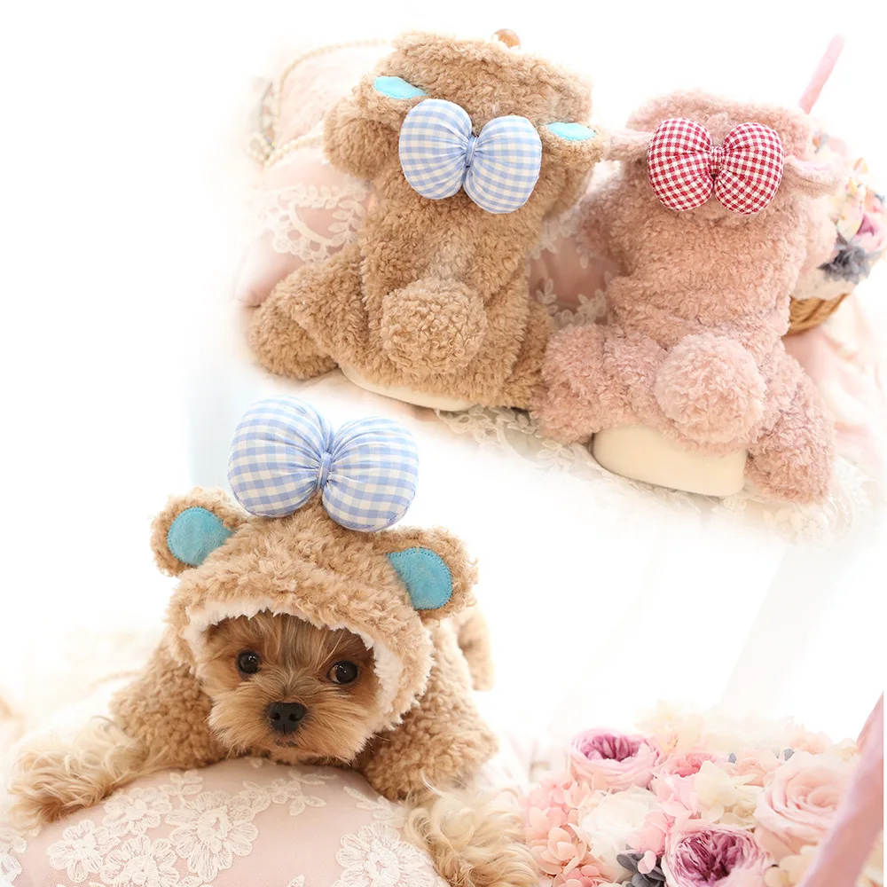 

Новинка, одежда для домашних животных, теплая зимняя куртка коричневого и розового цвета для собак, комбинезон с капюшоном и милым медведем,...