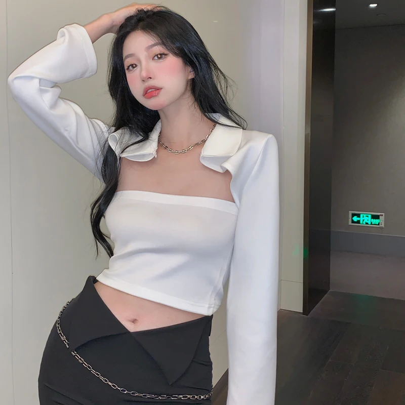 

Белые топы Y2k, костюм из двух предметов, осенний стиль, футболки с длинными рукавами, обтягивающие, уличная мода, тонкие женские футболки, Кор...