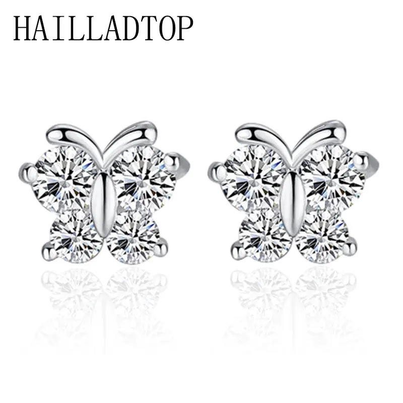 Бабочка с цирконом искусственный кристалл серьги гвоздики серебряные милые