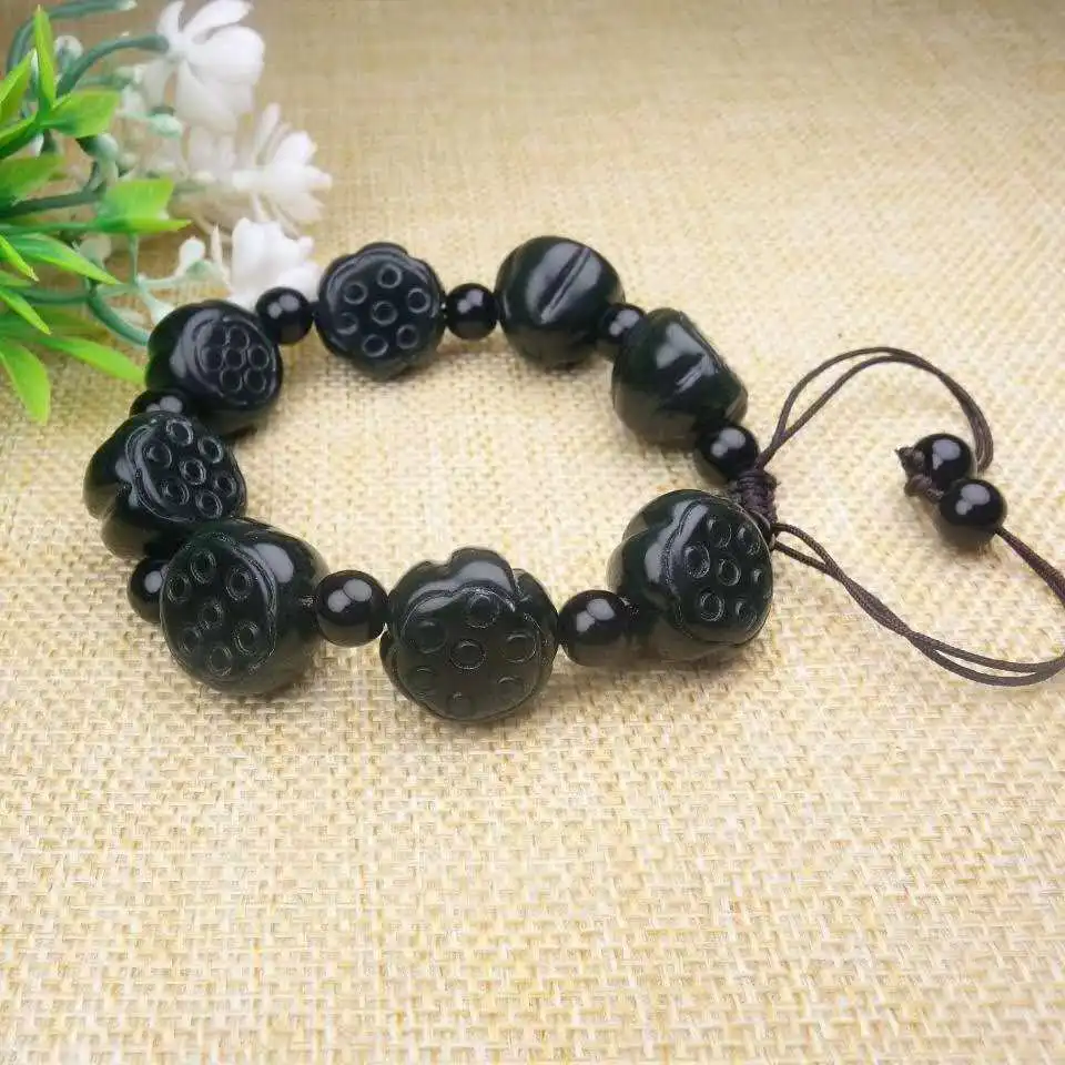 

Natural hetian cyan jade beads bracelet handcarved lotus jade bangle real jade bracelets natural jade stone for women men