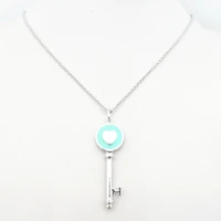 womens sterling silver s925 blue green pink enamel heart shaped key necklace womens sterling silver sweet key necklace