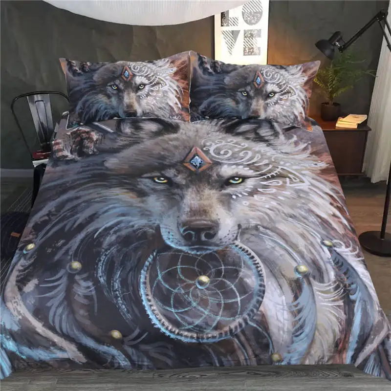 Wolf Warrior Волк воин от SunimaArt постельных принадлежностей дикие животные пододеяльник перо Ловец снов набор постельного белья 3 шт. Племенной Волк постельное белье Прямая поставка - Цвет: Wolf Warrior