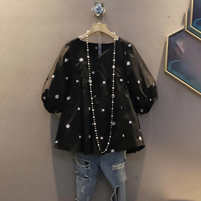 

IEQJ V-neck Three Quarter Sleeves Polka Dots Printed Pullover High Waist Short Shirt Female Top Tide 3F1110