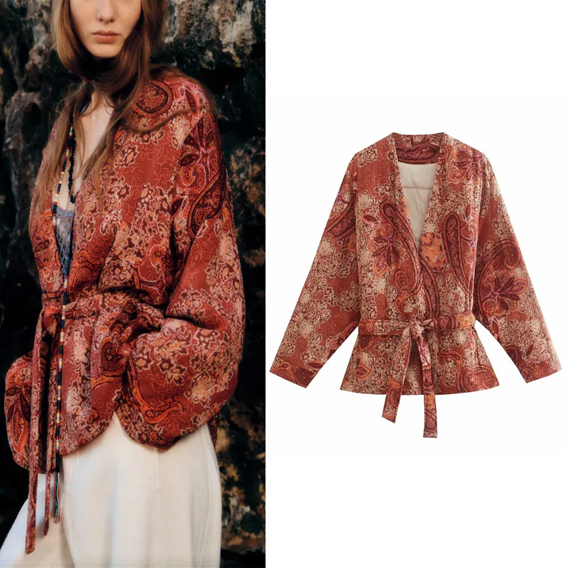 

Za Woman Summer Print Jacket Coat 2021 Casual V-neck Long Sleeve Chic Waistband Coat Inside Design Fashion Jacket Coat Woman
