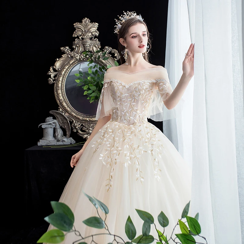 Wedding Dress Short Sleeve Boat Neck Light Champagne Lace Up Ball Gown Princess Luxury Lace Wedding Dresses Plus Size