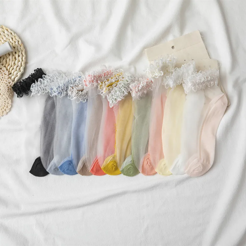 

Ins Women Lace Ruffle Ankle Sock Soft Comfy Sheer Silk Cotton Elastic Mesh Knit Frill Trim Transparent Socks Lovely Ankle Socks