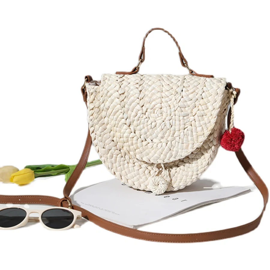 

Casual Summer Handmade Straw Bags Women Rattan Handbag Half Moon Shoulder Bags All-Match Travel Weave Messenger Crossbody Bag