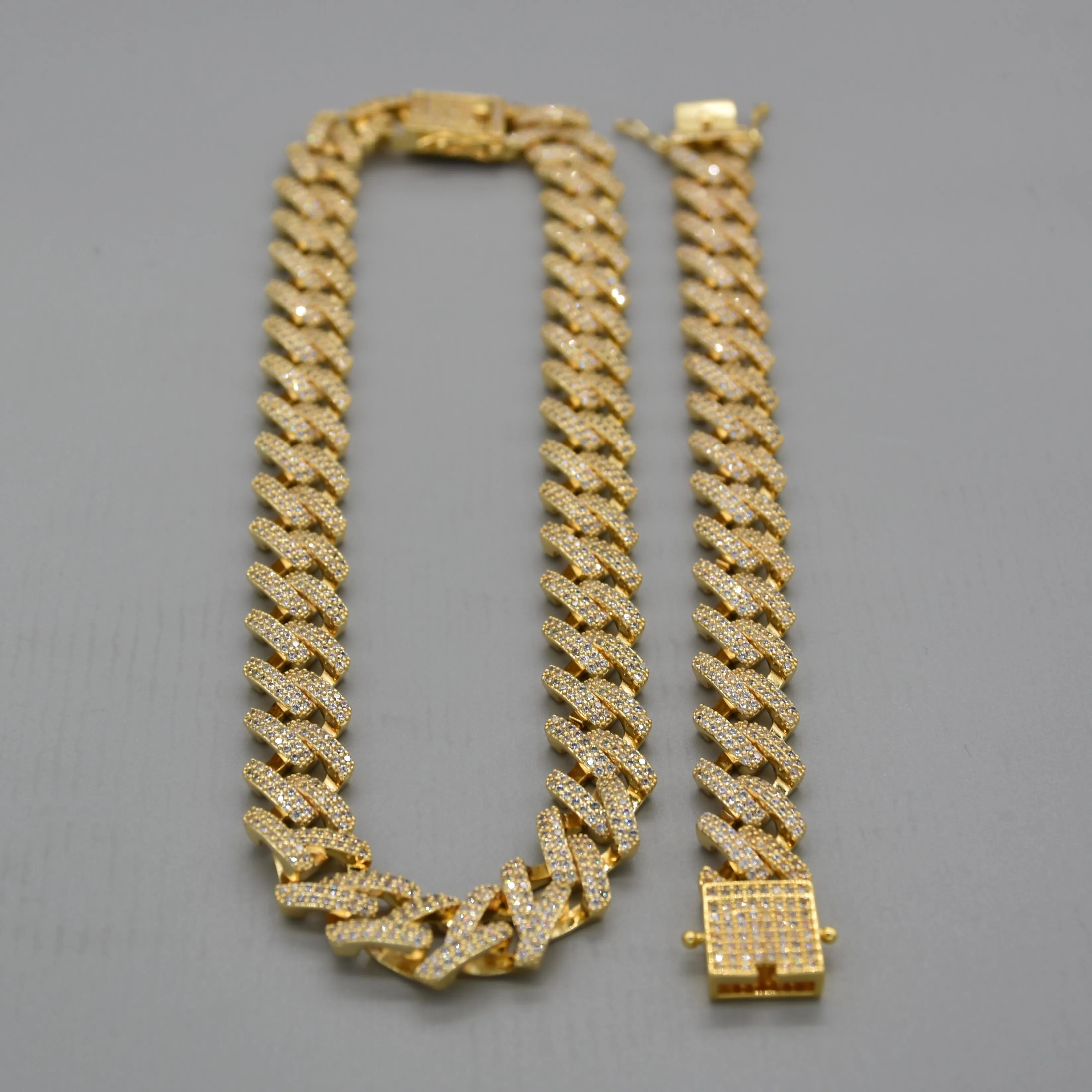 

Habegris 14mm Miami Cuban Link Chain Bracelet And Necklace Hip Hop Jewelry Classic Rock Gold Color Square Iced Out Wholesale