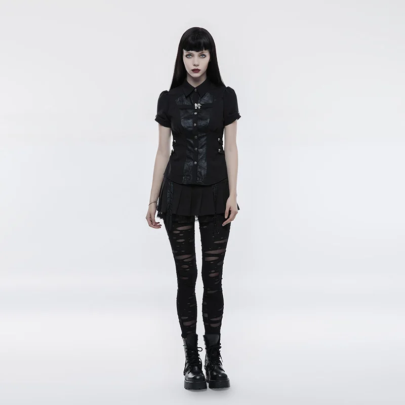 Женская рубашка в стиле панк с коротким рукавом и регулируемой талией|black blouse|women