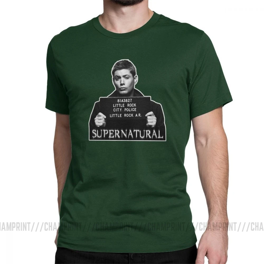 Dean Mugshot футболка Сверхъестественное SPN Brothers футболка мужские топы размера плюс забавная футболка с круглым вырезом из чистого хлопка - Цвет: Forest Green
