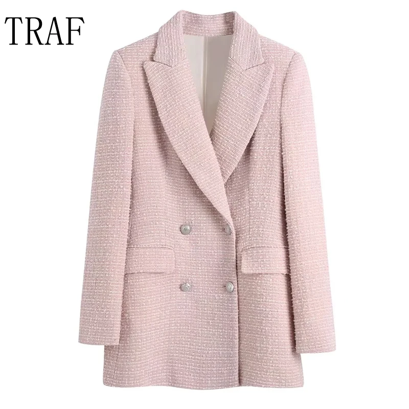 

TRAF Za Tweed Pink Blazer Women Double Breasted Long Sleeve Jacket Woman Winter 2021 Fitted Coat Textured Casual Office Wear