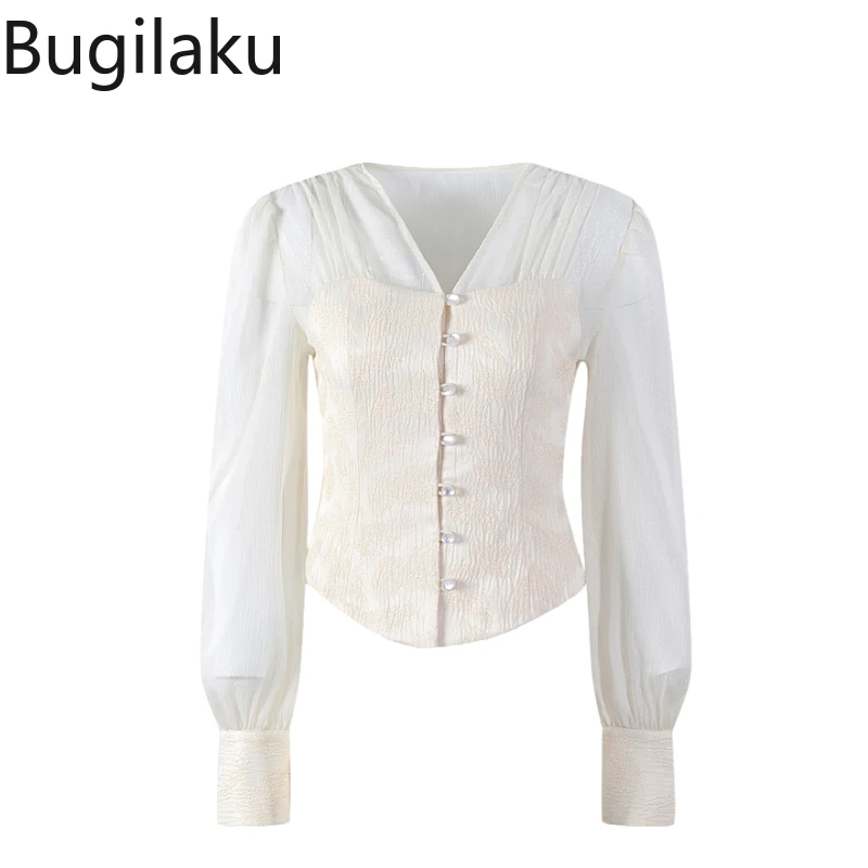 

Bugilaku French Style V Neck Shirts Women Long Sleeve Single Breasted Chic Tops Patchwork Autumn New Elegant Blouses Female