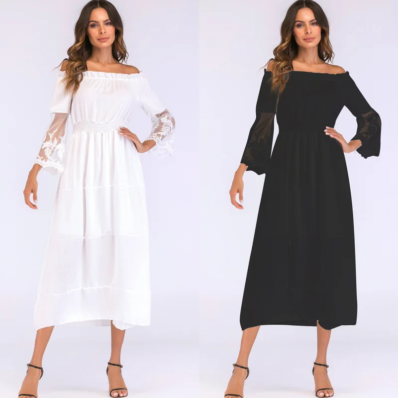 

Summer Elegant Off Shoulder White Long Dress Women Lace Sheer Mesh Patchwork Boho Dress 2021 Holiday Beach Maxi Dress