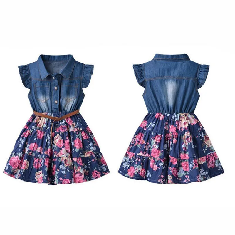 

2021 Girls Clothing Summer New Style Fashion FlyingSleeve Cowboy Floral Dresses Casual Children Clothing Ins Style