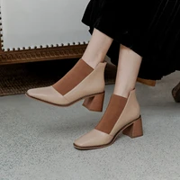 hot sale women ankle boots natural leathe europe and america british square toe vintage block heel elastic stitching ankle boots