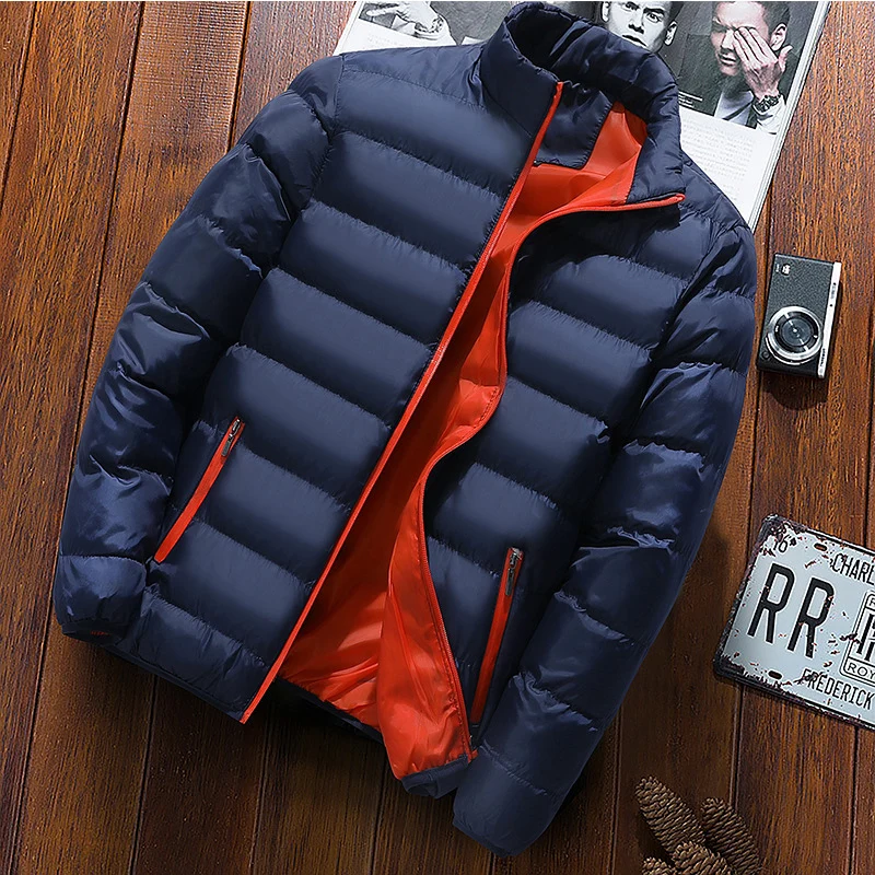 Autumn And Winter Thickened Sportswear Men's Stand Collar Cardigan Down Jacket Outdoor Cotton Jacket Solid Color Casual Coat