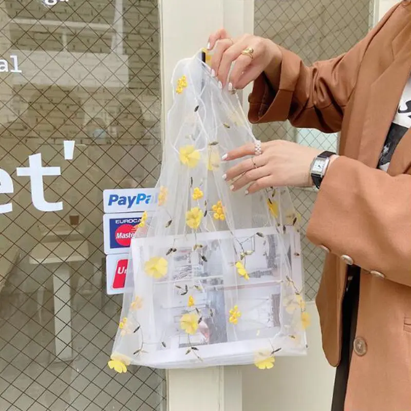 

2020 Fashion Female Flower Embroidery Hand Bag Organza Casual Tote Mesh Shopping Bags Woman Handbags