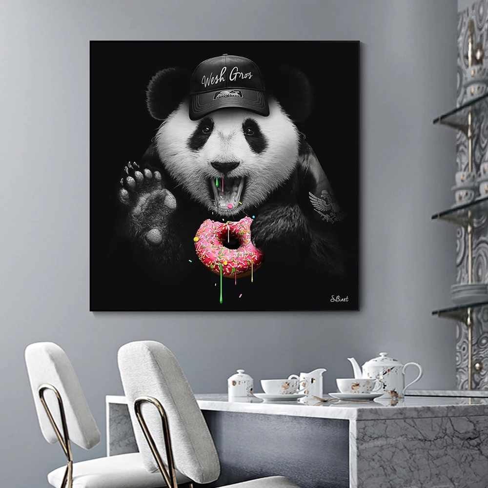 

Griffiti Art Canvas Modern Painting Animal Posters and Prints Wall Panda Wearing Black Hat Eating Donut Picture for Room Decor