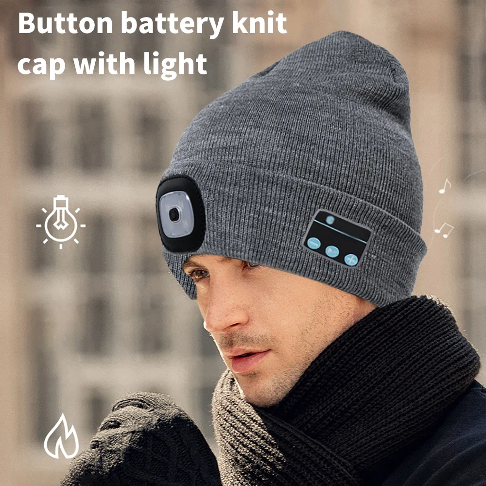 

Зимняя шапка Беспроводной Bluetooth5.0 Smart кепки наушники гарнитура с 4 светодиодный светильник, хенд фри, музыкальные наушники теплый вязаный