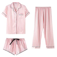 pink striped pajamas silk satin femme pajama set 4 piecesset stitch lingerie shirt pyjamas women sleepwear fashion pjs