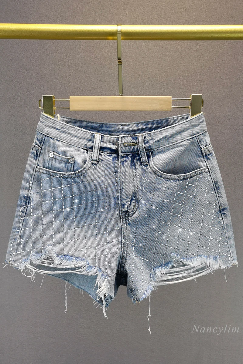 

Rhinestone Ripped Denim Shorts Women's 2021 Summer New High Waist Slimming Light Blue Rough Edges Wide Leg Hot Pants Ladies