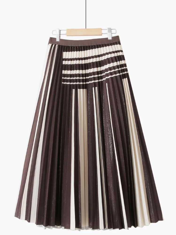 

VOLALO Vintage Striped Midi Long Skirt for Women 2022 Autumn Casual Elegant A Line High Waist Pleated Mid-length Skirt Female