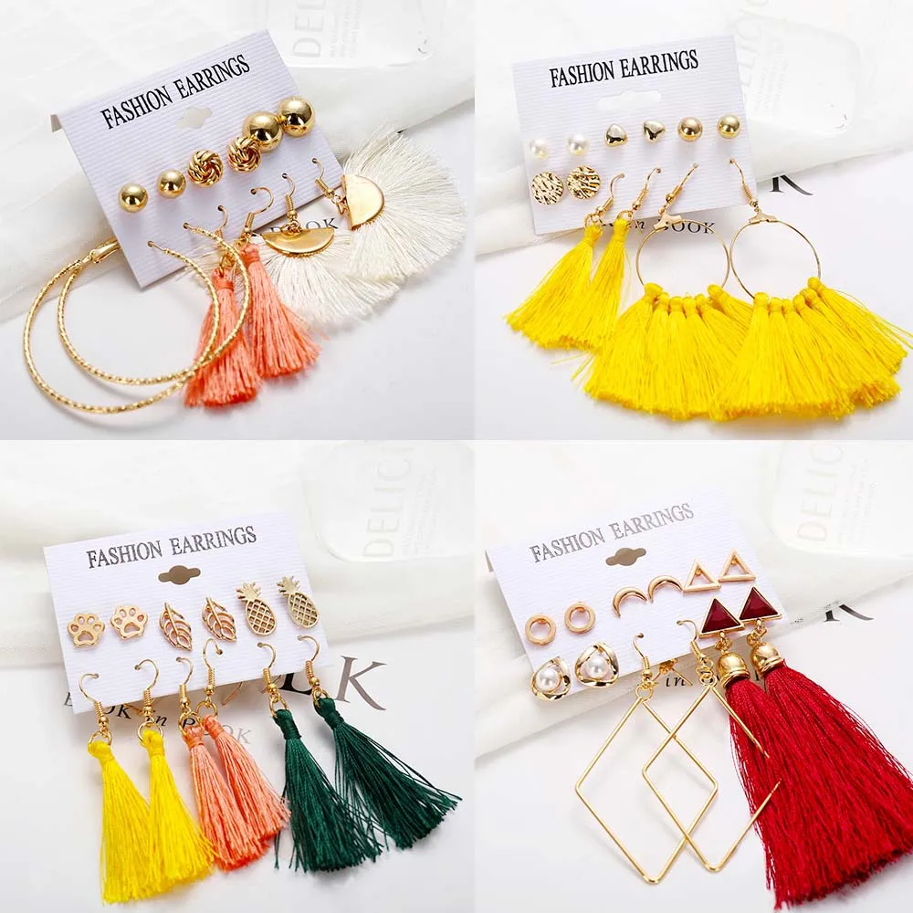 Сережки с кисточками Boho для женщин длинные серьги в богемном стиле набор Brincos