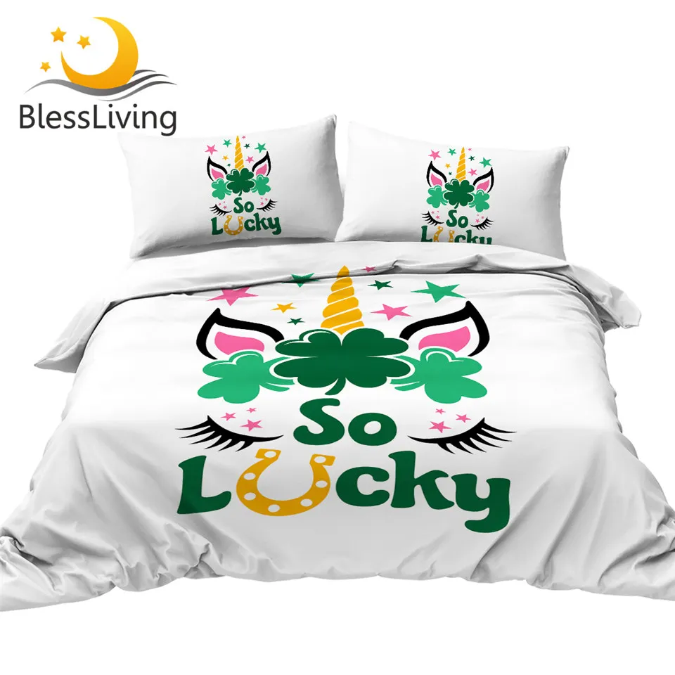

BlessLiving Unicorn Bedding Set St. Patrick's Day Duvet Cover Lucky Green Shamrocks Bedspreads Golden Horseshoe Bed Set 3pcs