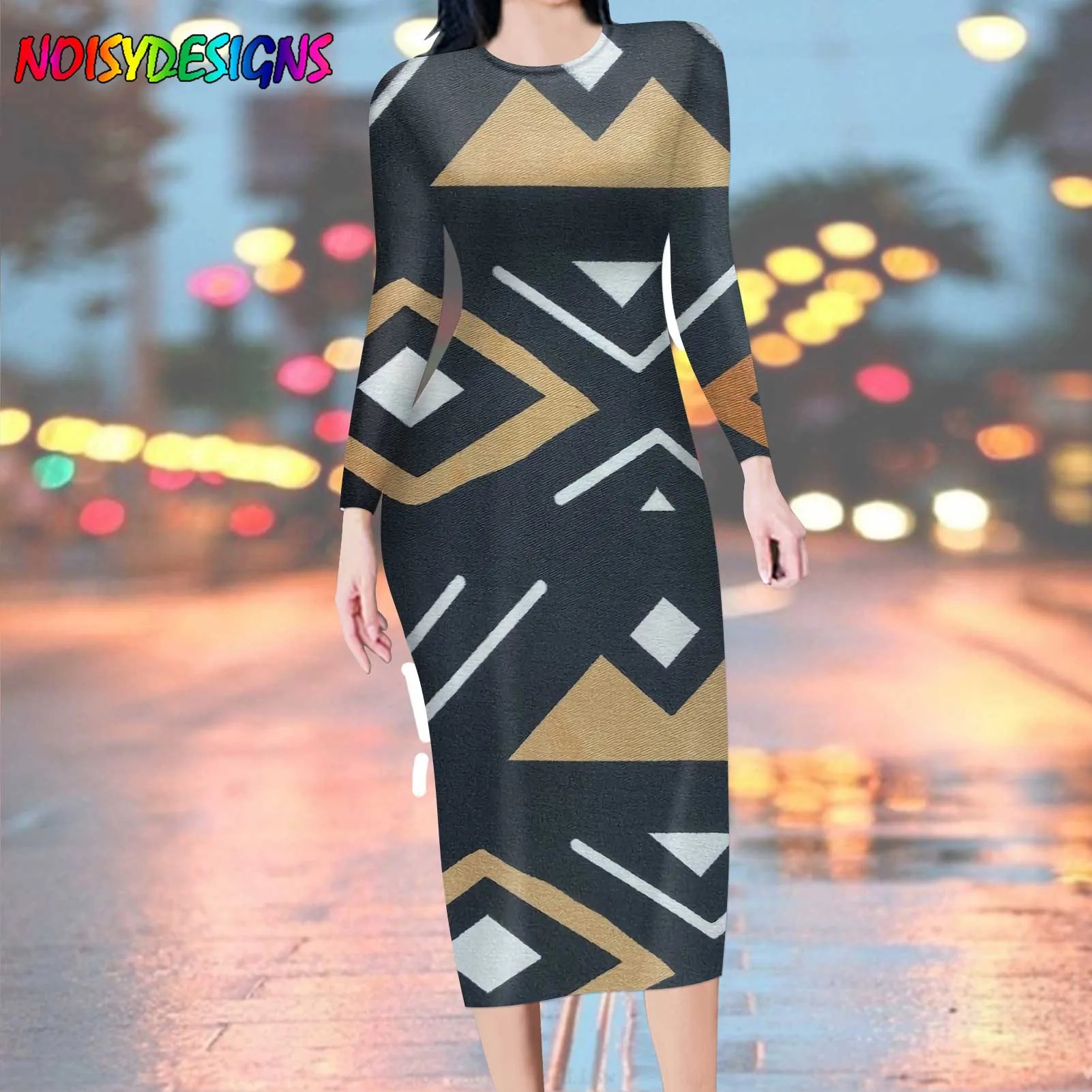 

NOISYDESIGNS Women Retro African Tribal Print Dress O Neck Slim Long Vestido Elegant Long Sleeve Dresses Femme Dress Women