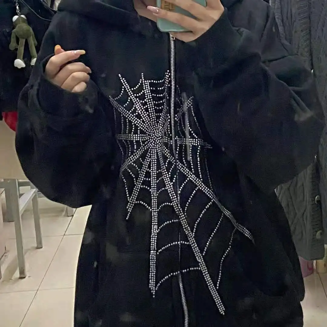 

Women Diamond Hoodies Autumn Zipper Long Sleeve Hooded Rhinestone Spider Web Jacket Loose Korean Harajuku YK2 Streetwear Tops