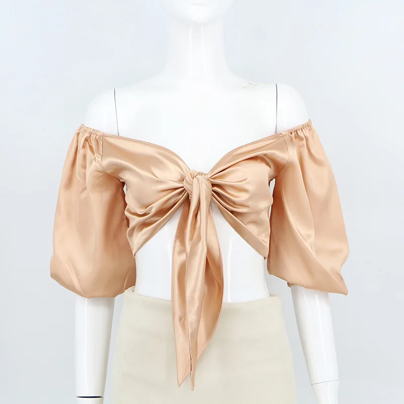 Укороченный топ с открытыми плечами и бантом Женский пикантная рубашка рукавом