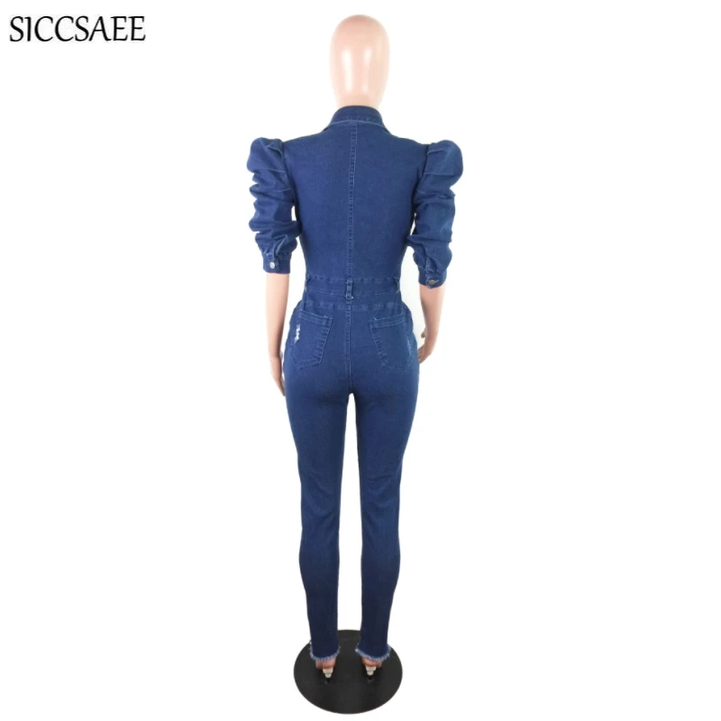 

Turn Down Collar Denim Rompers Womens Jumpuit Jeans Puff Sleeve Sexy Casual Bodycon Bandage Overalls Button Hole Cut Out S-3XL