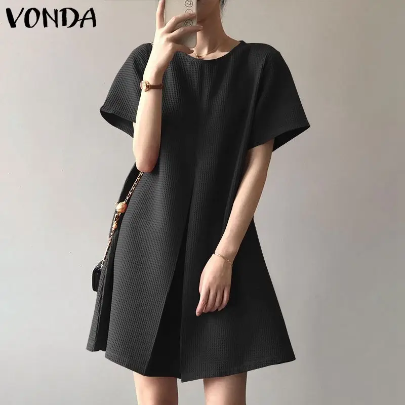 

Свободное мини-платье VONDA, женские плиссированные платья-трапеции с круглым вырезом, повседневные однотонные богемные платья с коротким ру...