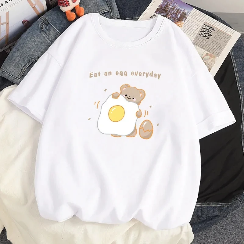 

Harajuku Anime y2k 100% Cotton Casual Loose Tee Shirt Summer Clothing Short Sleeved Kawaii Poached Egg Bear T-shirts Women Tops